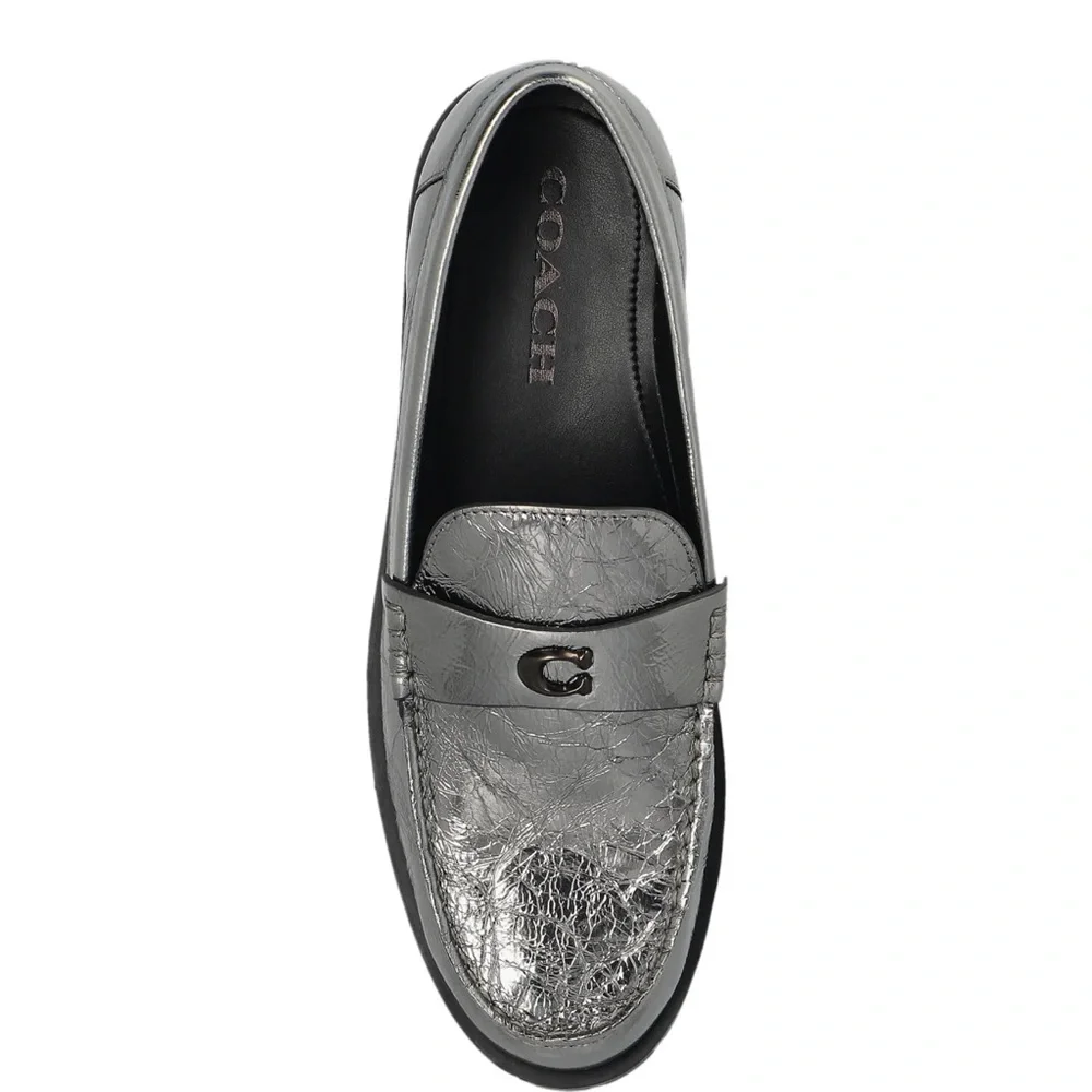 Coach‎ Jocelyn Crinkle Leather Logo Silver Loafers Size 6 NWT